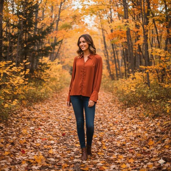 Free People Button Down Front Top Collar Flared Sleeves Rust Burnt Orange Size M - Picture 2 of 16